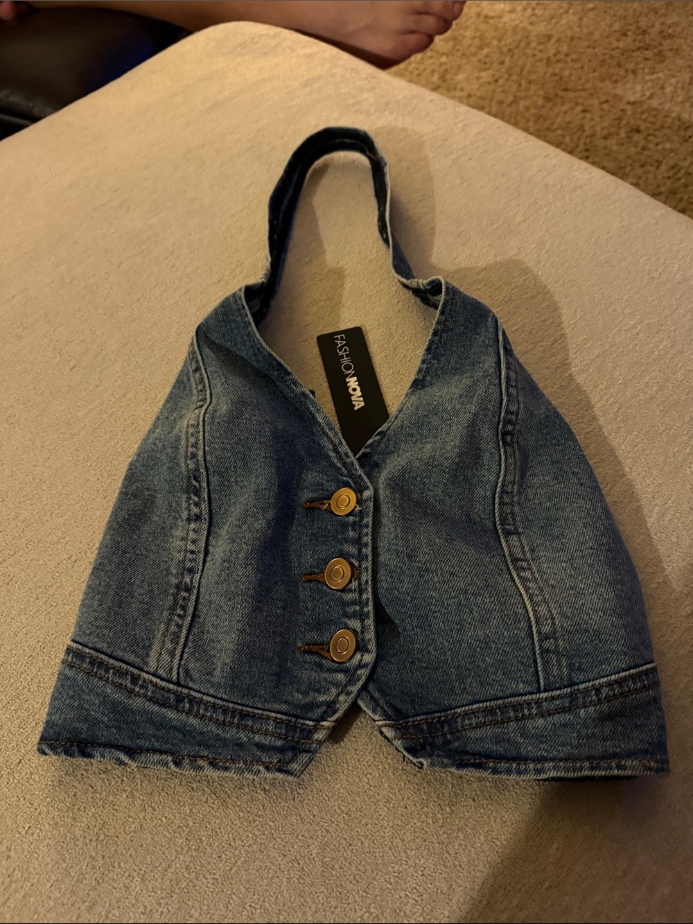Fashion Nova Denim Vest in Small Blue with Brass Buttons